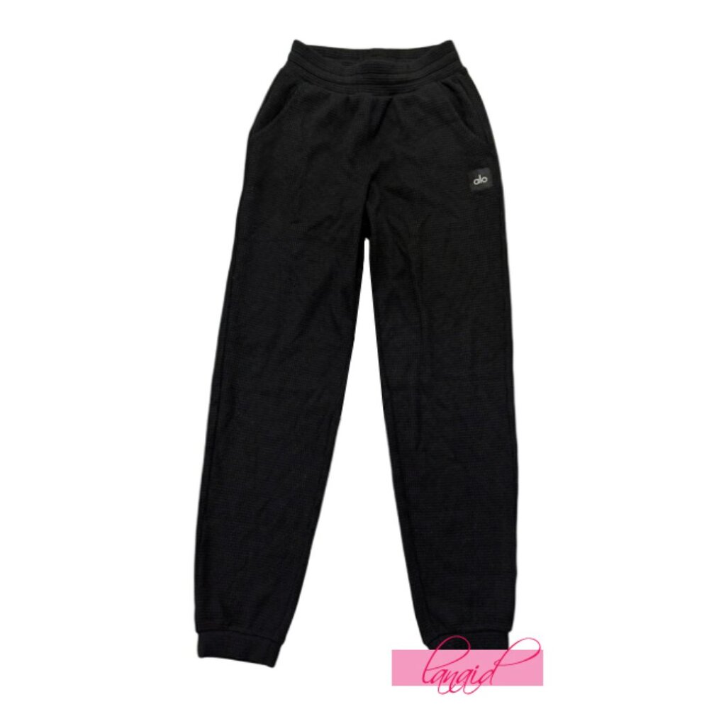 Alo Waffle Weekend Escape Joggers Black High-Rise Waist Thermal Sweats Sweatpant - Picture 8 of 12